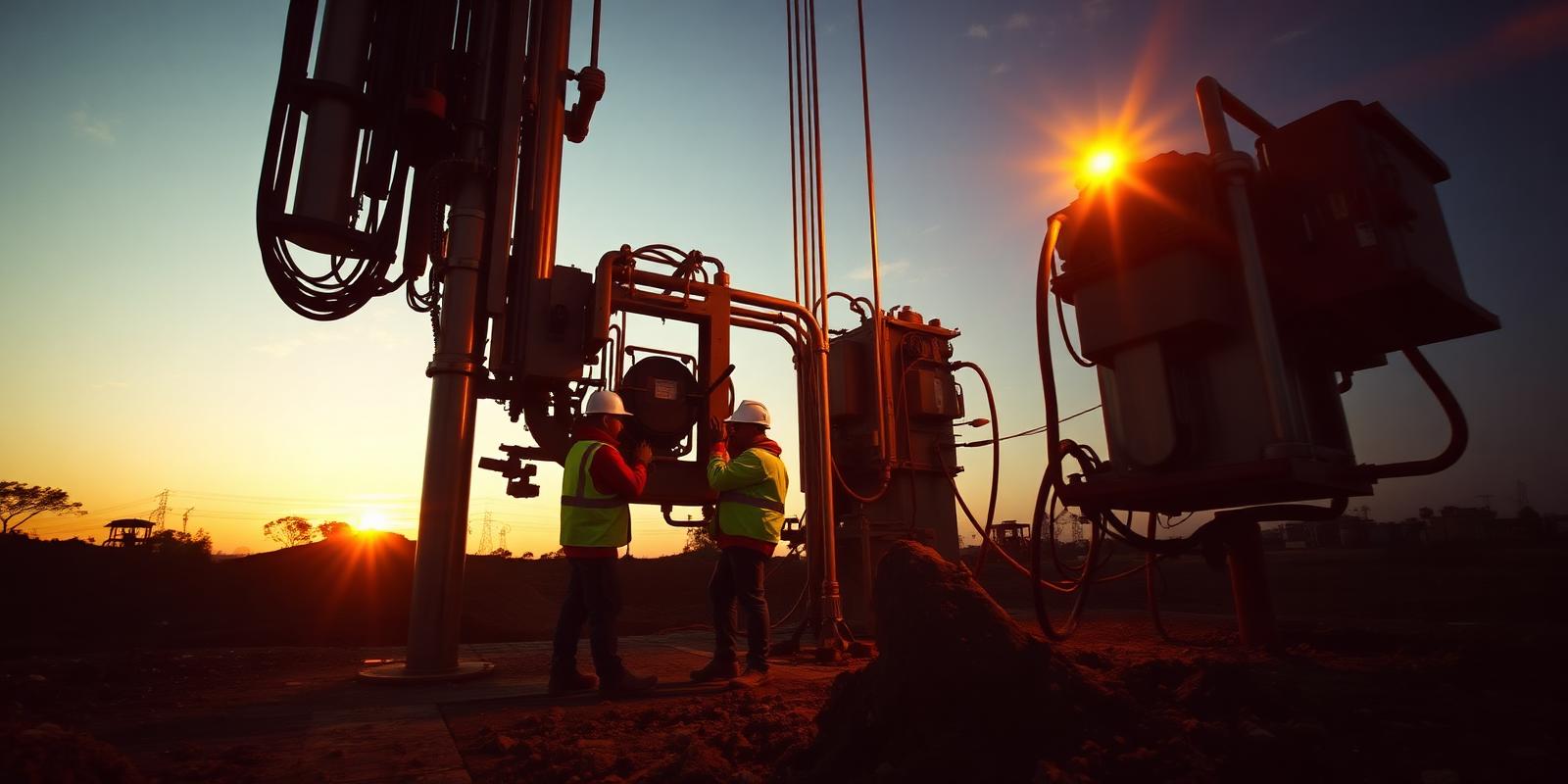 Equipamento de sondagem em obra ao entardecer